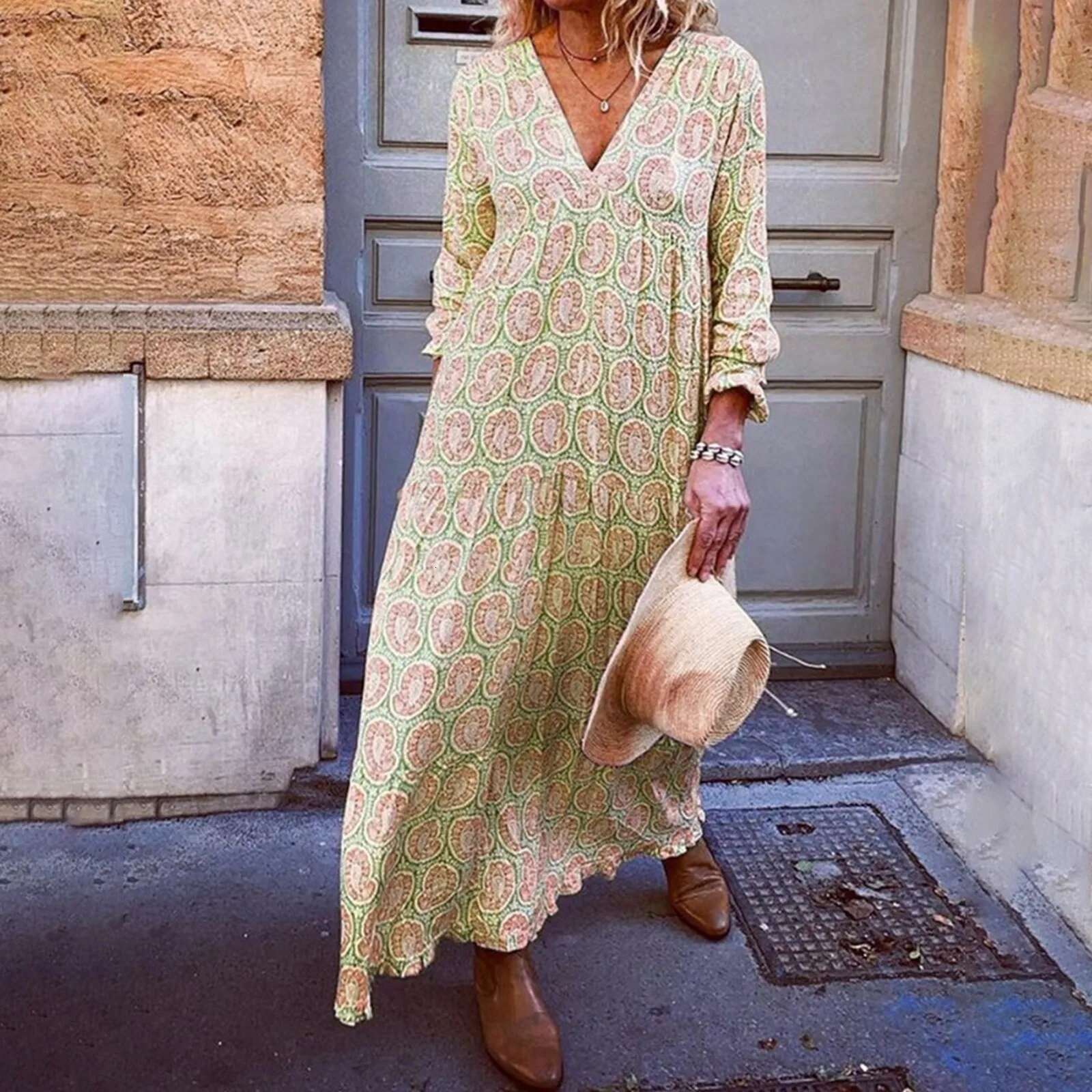 Dongdumaoyi Boho Maxi Dress Women Summer V Neck Loose Long Dresses Geometric Print Vintage Holiday Beach Casual Female Vestidos