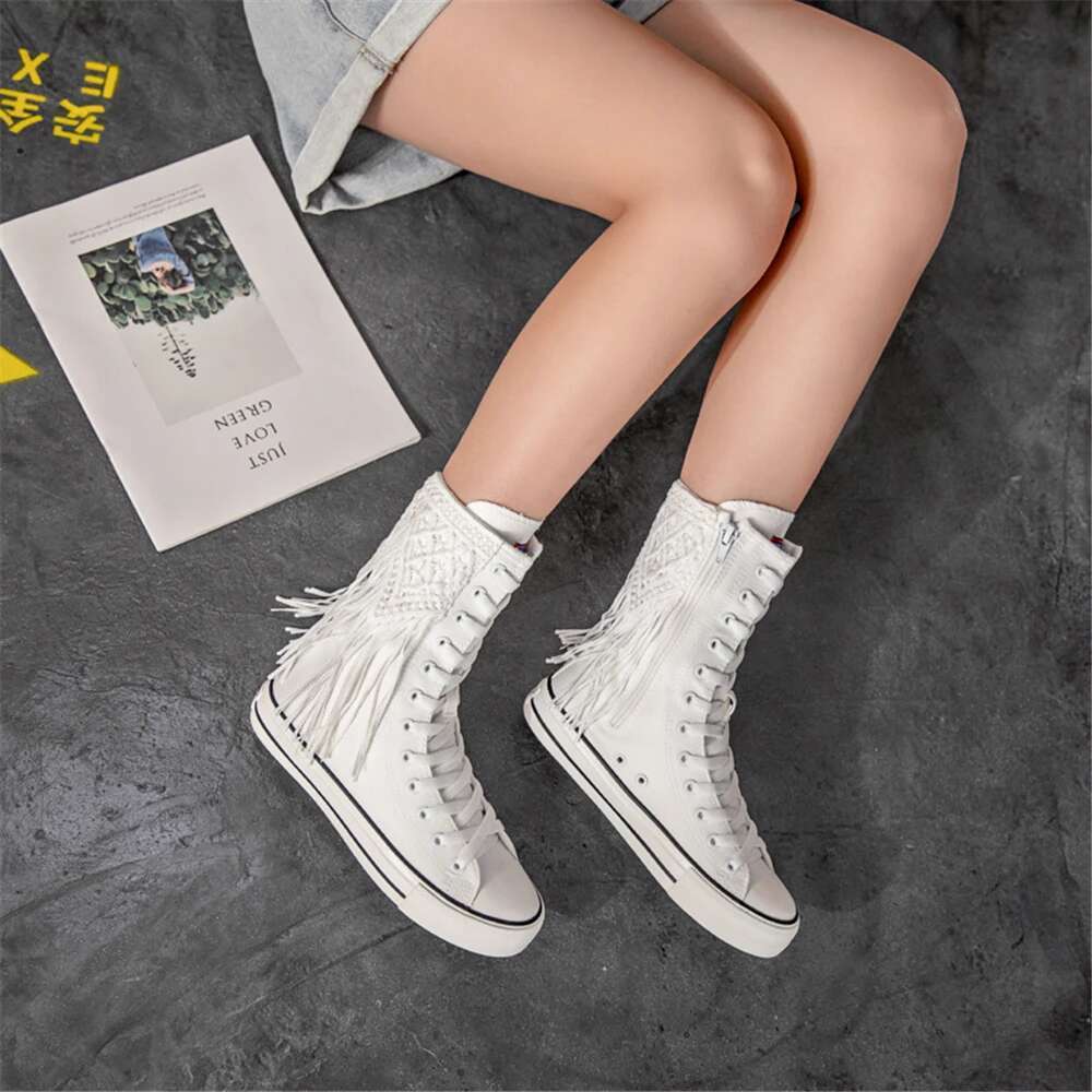 Spring medium-sized color lace-up side zipper tassel boots canvas shoes casual large size inner heightening women's shoe