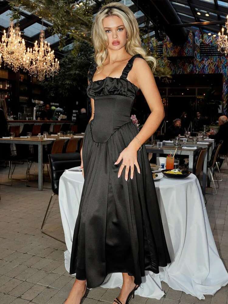 Dongdumaoyi Townlike Pleated A Line Elegant Maxi Long Dress Women Spaghetti Strap Spring Summer Backless Sexy Party Dresses