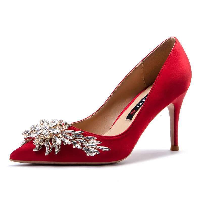 Spring new pointed shallow and silk crystal wedding shoes thin high-heeled banquet dress large small size women's shoe