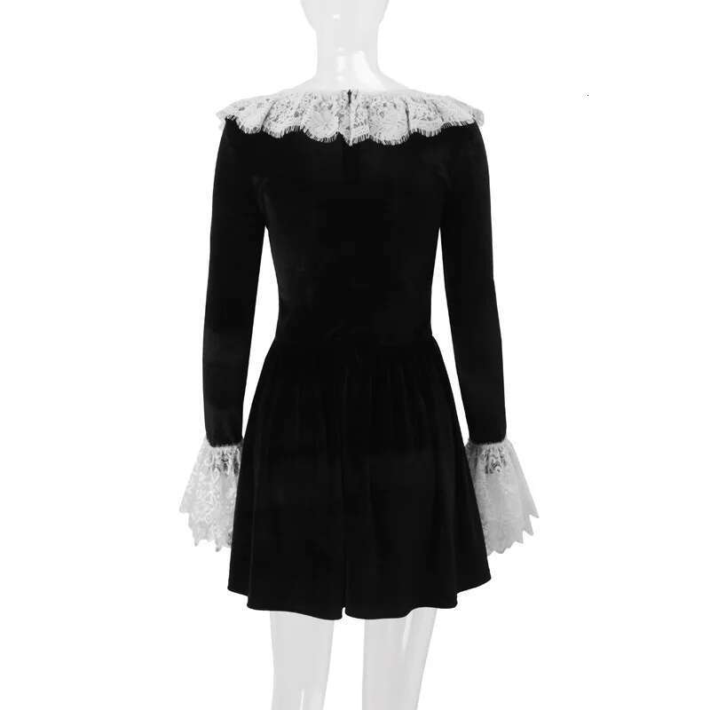 Dongdumaoyi Townlike Lace Patchwork Velvet Waist Wrap A Line Pleated Dress Women Mini Autumn Winter Nightclub Sexy Party Dresses