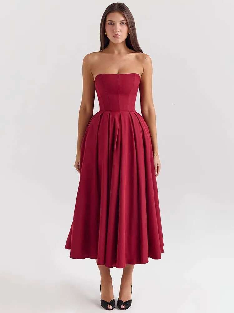 Dongdumaoyi Townlike Midi Long Pleated A Line Dress Women Spring Summer Strapless Nightclub Sexy Party Dresses