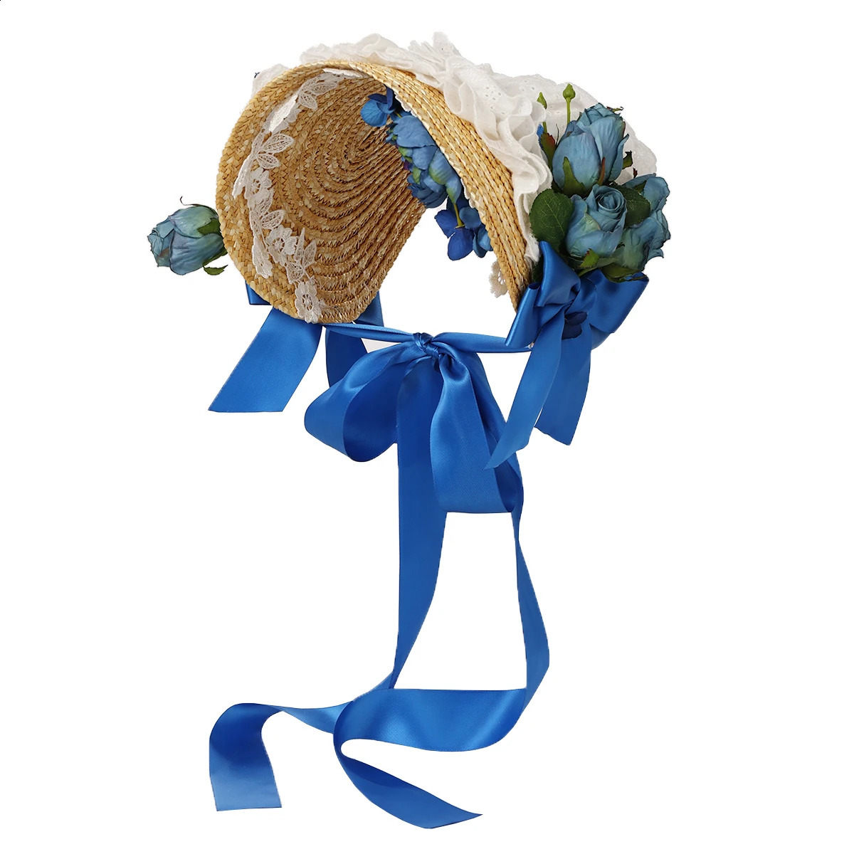 Victorian Bonnet Straw Hat for Women Cosplay Headpiece Flowers Lace Ribbon Flat Cap 250420
