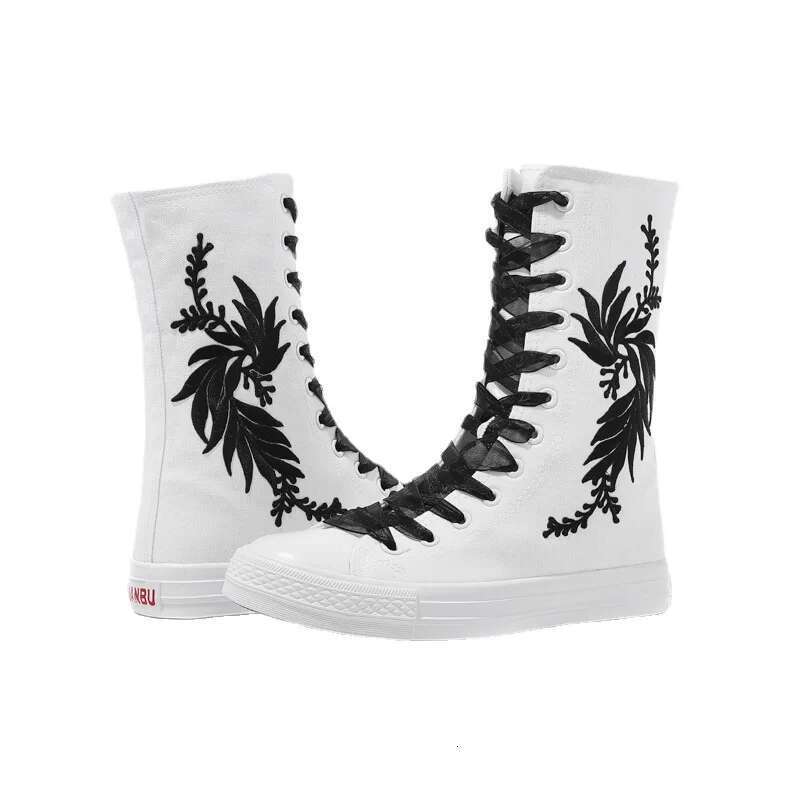 Spring new color lace-up side zipper medium tube embroidered canvas flat inner heightening casual large size women's shoes
