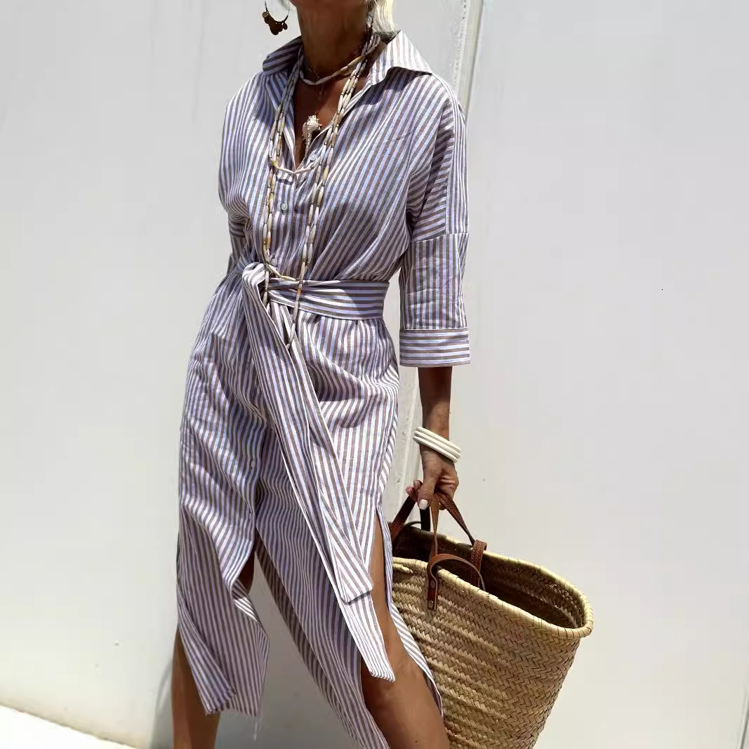 2024 Autumn Half Sleeve Striped Double Side Split Shirt Dress for Women