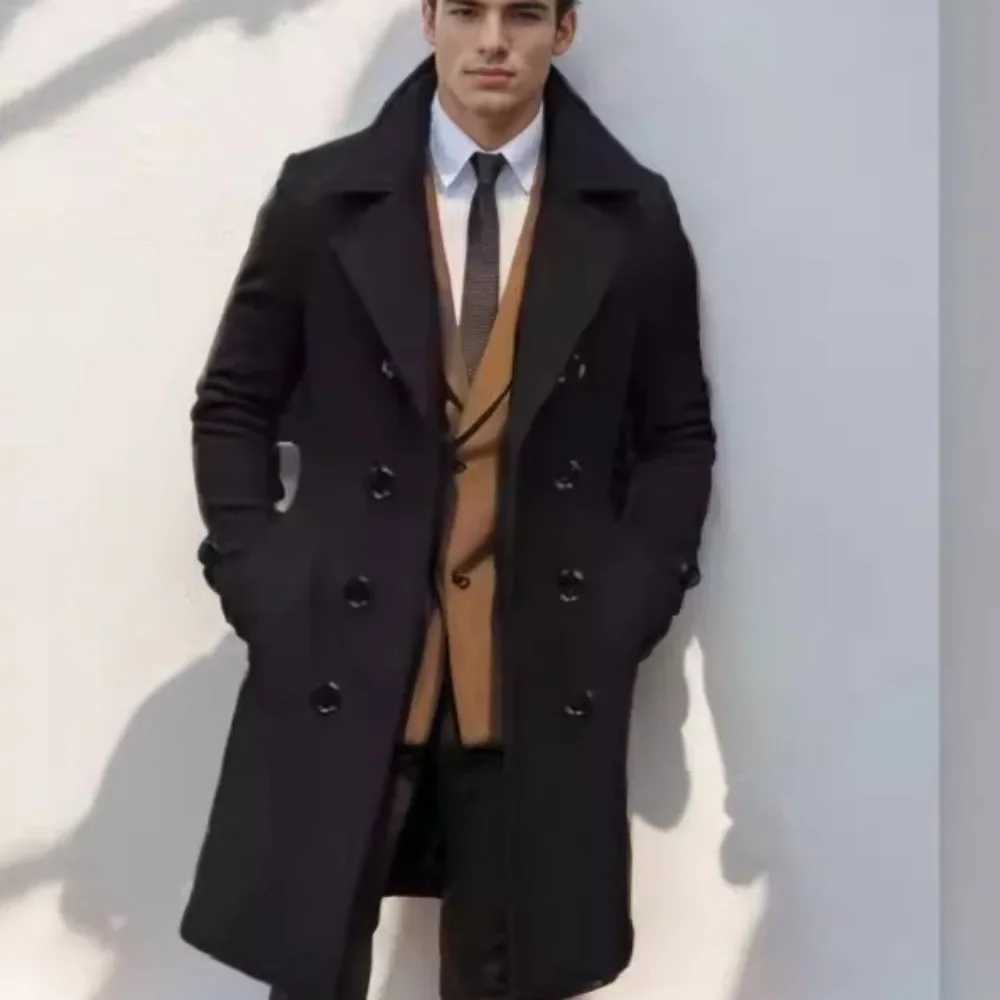 Men Wool Double Breasted Blends Turn Down Collar Jackets Long Sleeve Cardigan Coat High Street Pockets Loose Outerwear SolidT251125