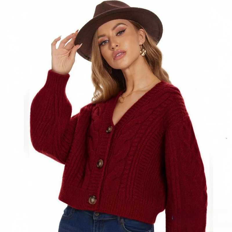Simple Loose V-neck Retro Fried Dough Twists Casual Womens Knitting Cardigan Autumn and Winter Korean Solid Short Sweater CoatT251125