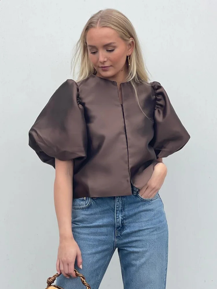 Womens casual satin round neck puff sleeve fashionable solid short cardigan spring elegant womens high street dress 250418