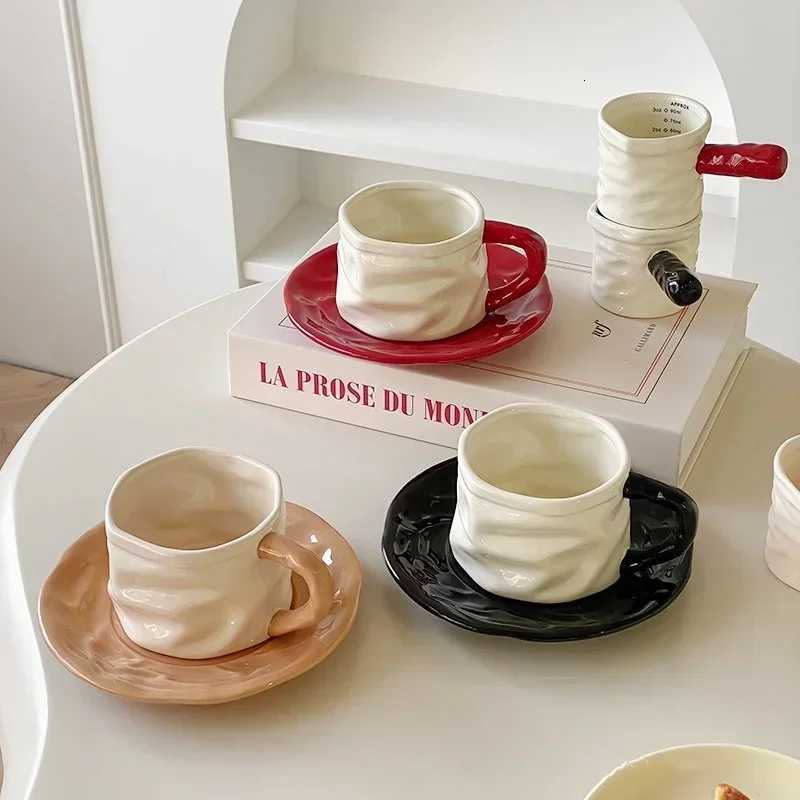 230ml Ceramics Mug Exquisite Pleated design Ceramics Coffee Cup and Saucer Set European style Afternoon tea cup Romantic gift Y251125
