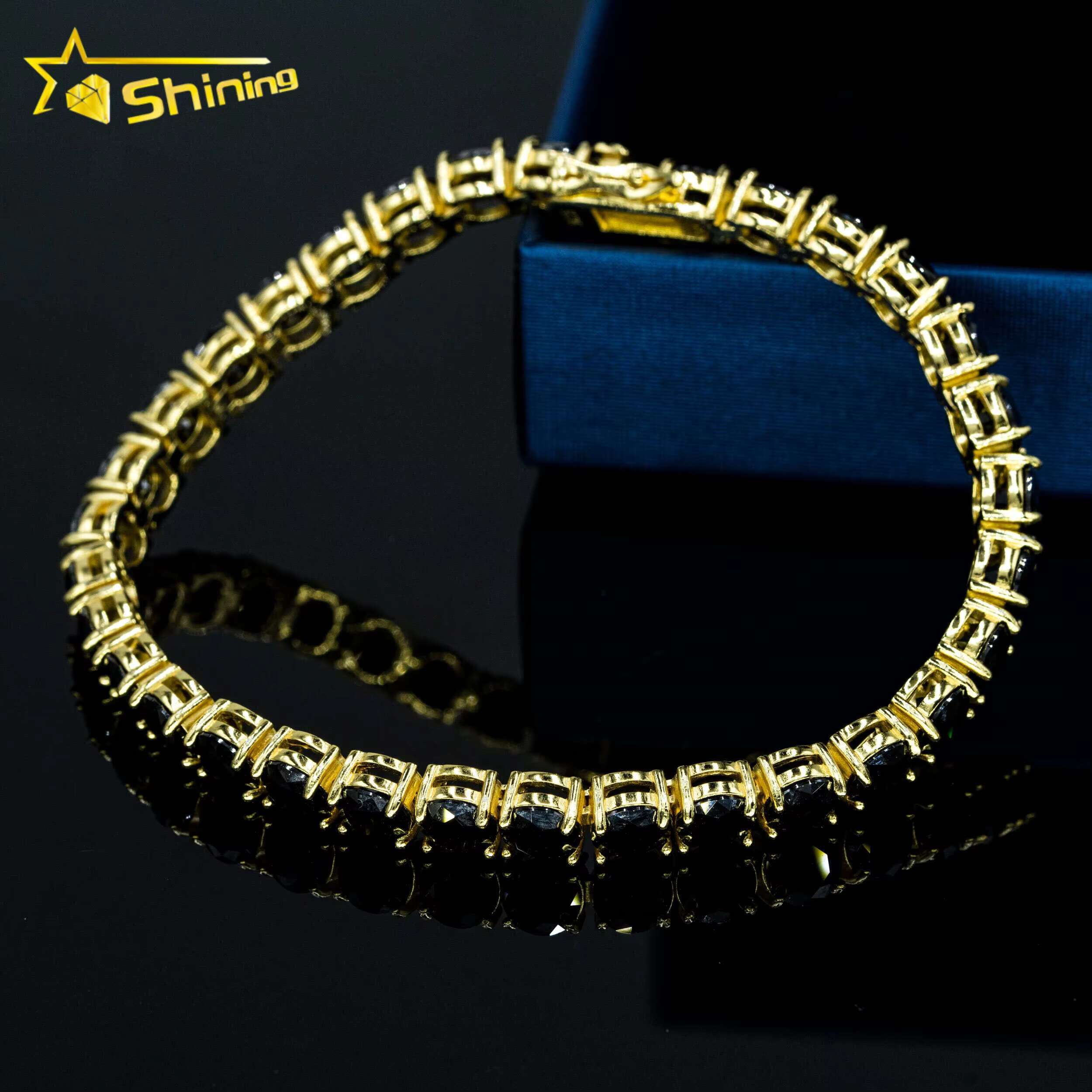 18k Yellow Gold Plated 3mm 4mm 5mm 6.5mm Black Moissanite Tennis Chain 925 Sterling Silver Men Women Tennis Necklace Bracelet