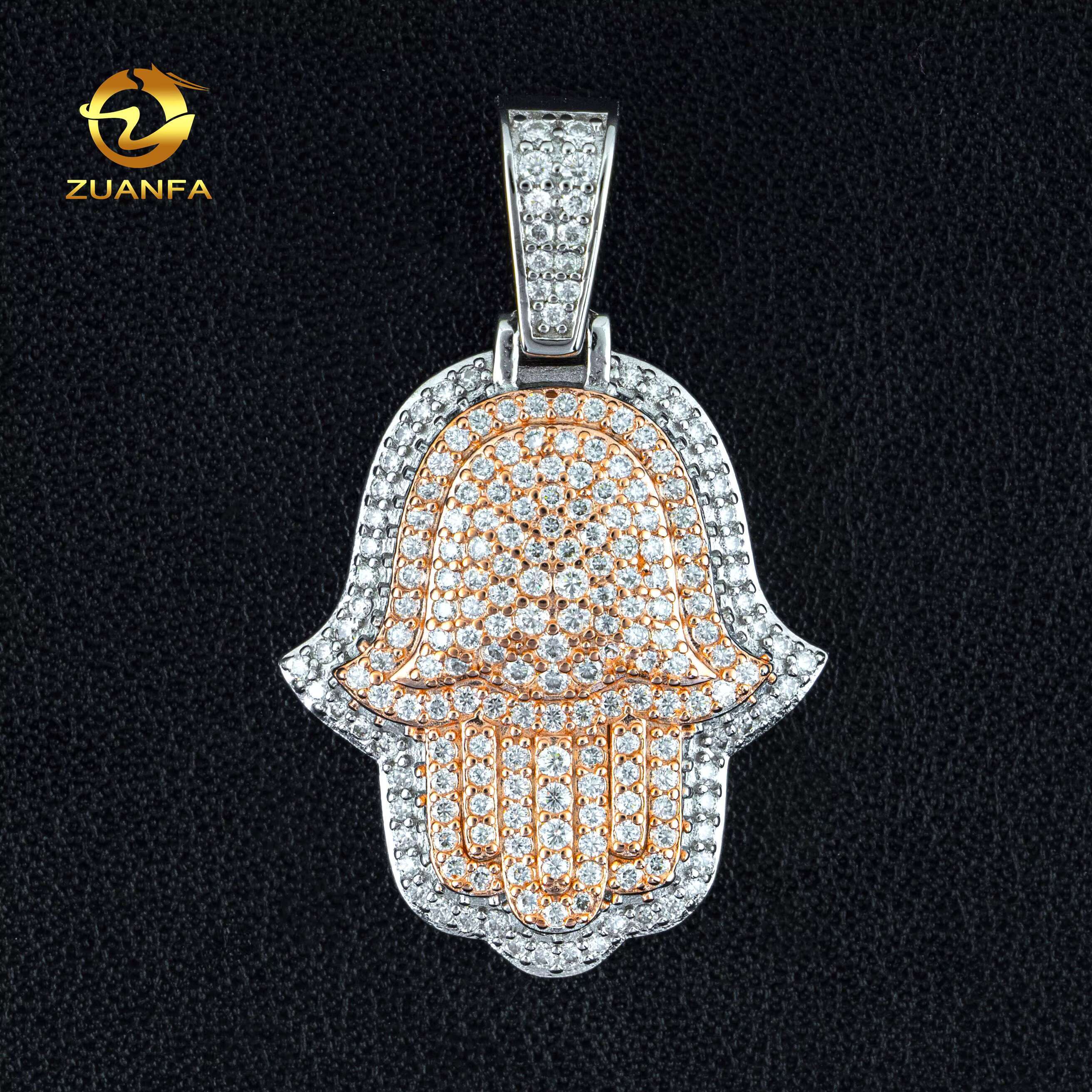 Hip Hop Iced Out Bling Pass Diamond Tester Vvs Jewelry Wholesale 2 Tone Color Plated Lab Diamond Mossanite Hamsa Hand Pendant