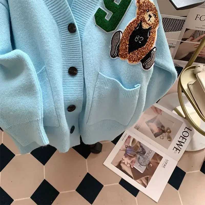 Women Print Button Cardigan Sweaters V Neck Splice Knit Thick Jumpers Casual Loose Long Sleeve Elegant Lady Autumn WinterT251125