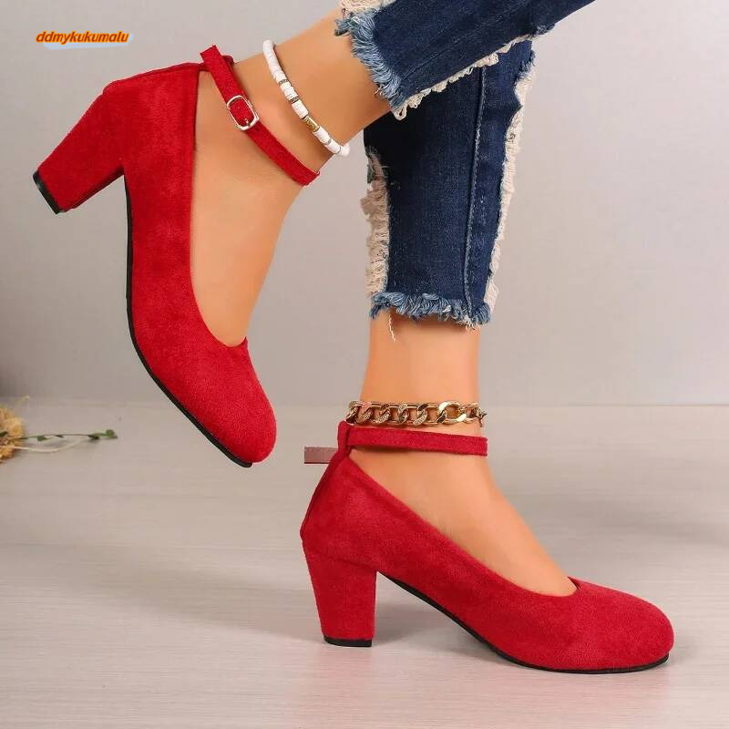 Autumn New Thick Heels Women's Black One-line Buckle Shallow Mouth Woman Single Pumps Suede Large Size Work Shoes ddmykukumalu