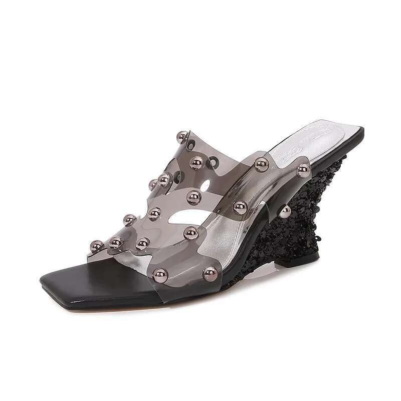 Summer new square toe transparent PVC rhinestone fashion wedge slippers thin high-heeled banquet dress large size women's sandal