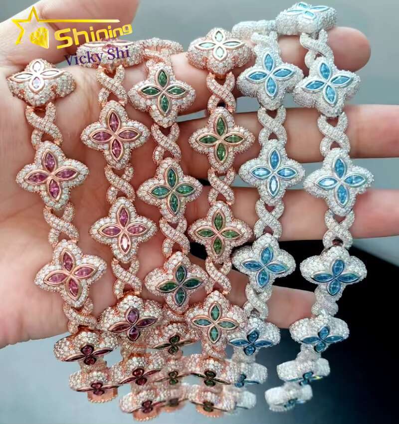 Best Selling Hip Hop Rapper Cuban Clover Bracelets 925 Sterling Silver VVS Moissanite Infinity Cuban Link Bracelet Fine Jewelry