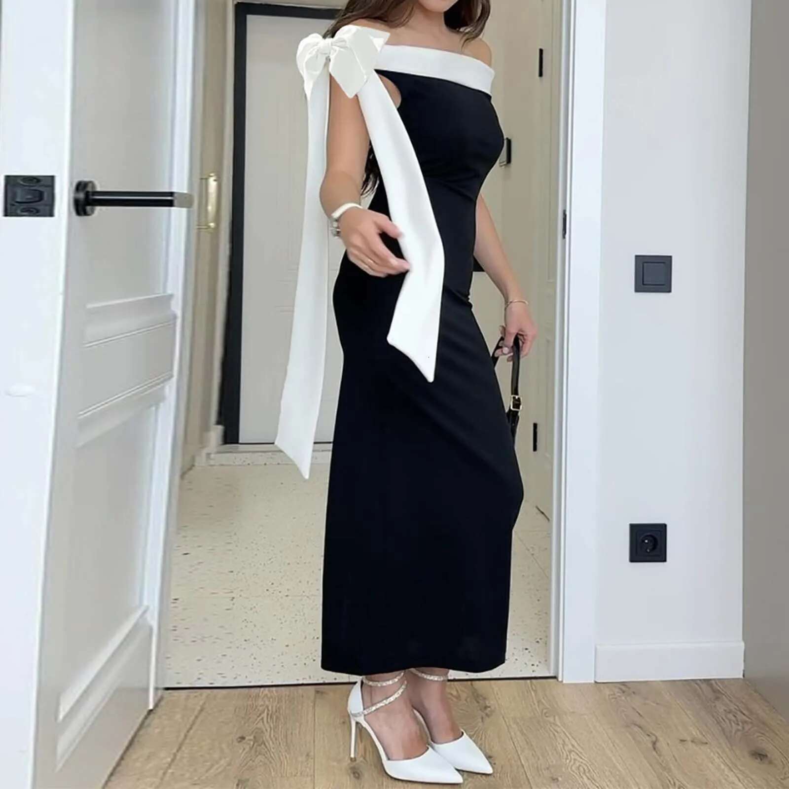 Dongdumaoyi Evening Women S Bow Bandage Dress Summer Sexy Off Shoulder Patchwork Celebrity Birthday Party Outfits Vestidos