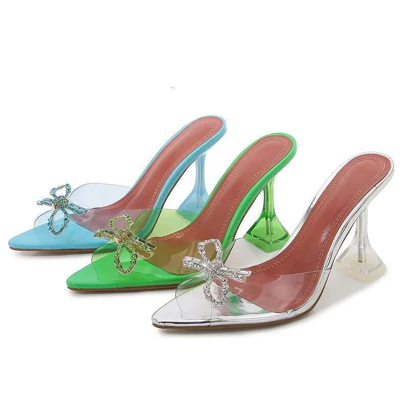 Summer new pointed rhinestone bow transparent PVC fashion slippers wine glass high-heeled banquet dress large size women sandals