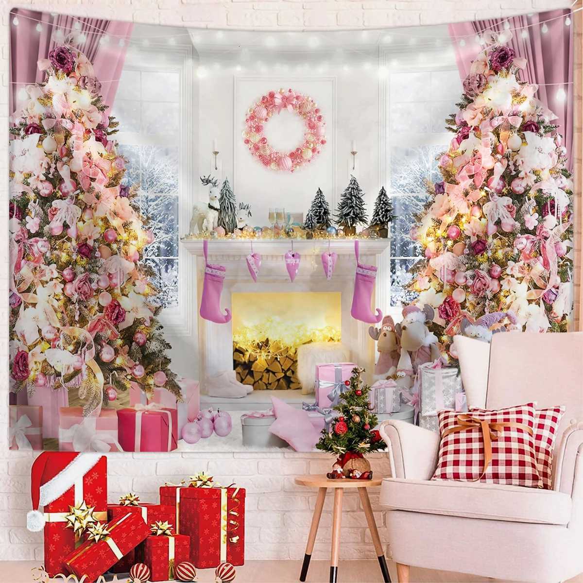 1pc Christmas tapestry Christmas tree fireplace snow background cloth Christmas party photography background wall clothM251125