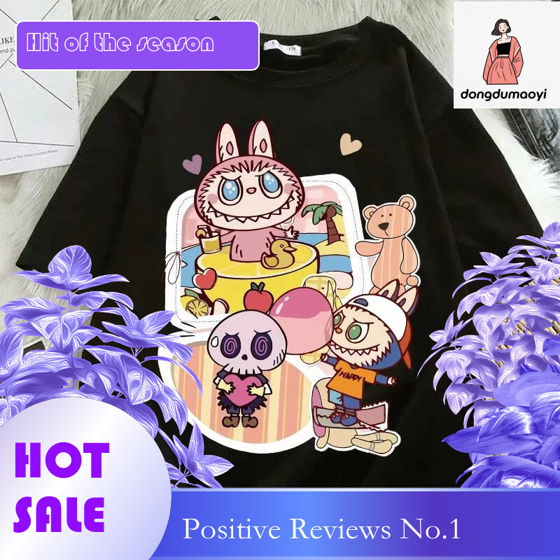 Dongdumaoyi Pop Mart Labubu Couple Plus Size Fashion T Shirt Women Anime Cartoon Short Sleeve S Street Trend Hip Hop Clothing