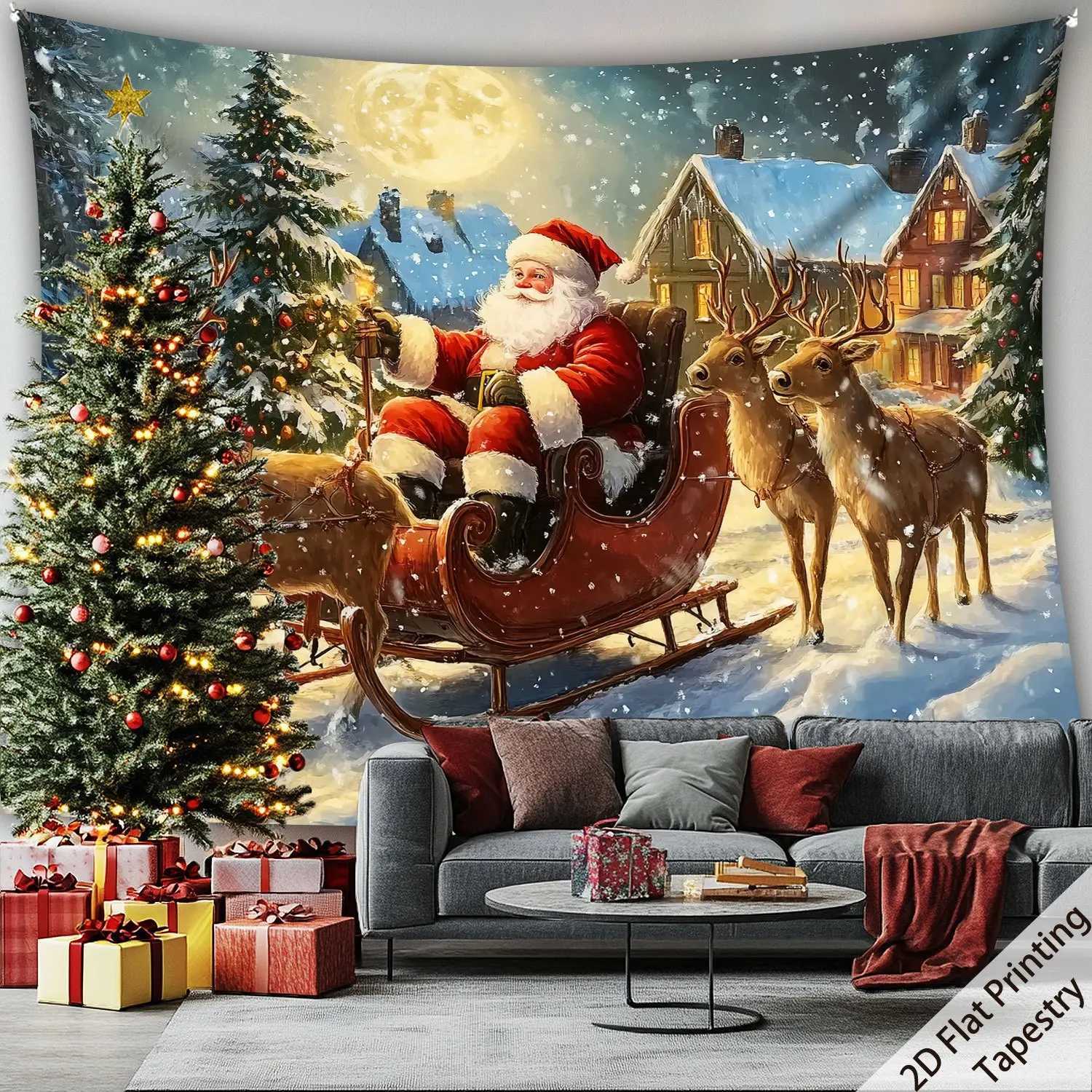Winter Wonderland Tapestry Large Santa Sleigh with Reindeers Polyester Wall Decor for Indoor Outdoor Christmas Party BackgroundM251125