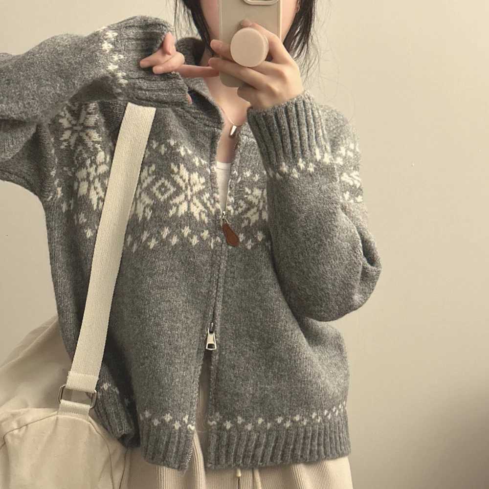 Korean Style Casual Knitted Jacquard Cardigan New Autumn Winter Women Fashion Elegant Long Sleeve Sweater Zipper Lapel JacketT251125