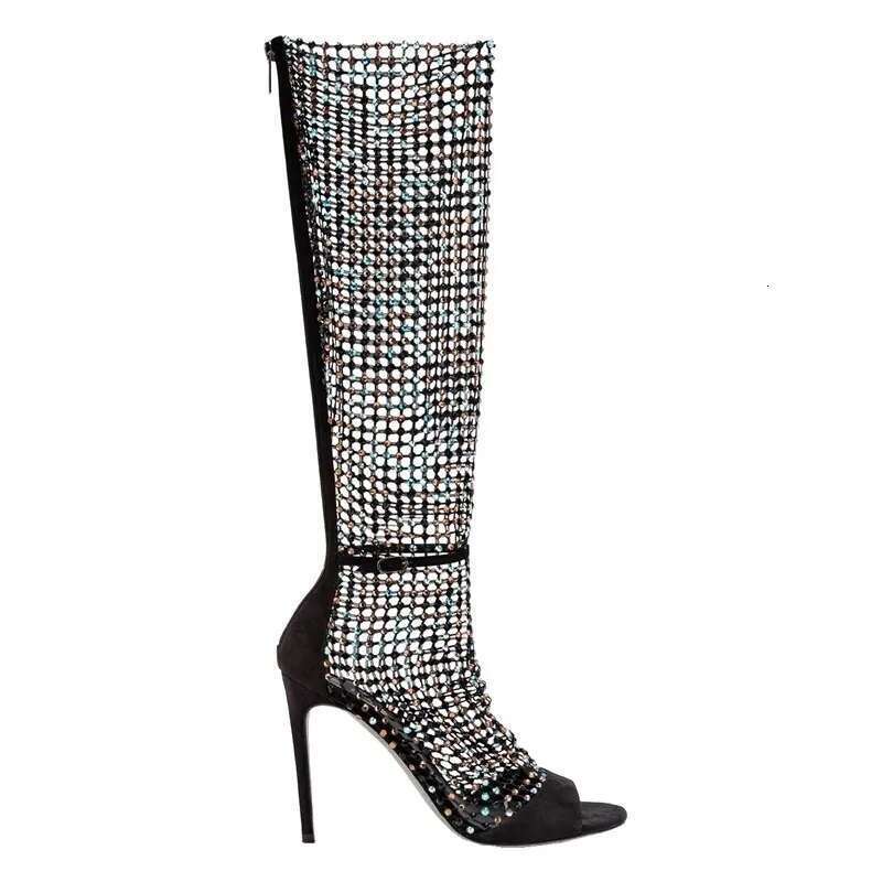 Spring and summer new rhinestone mesh hollow pointed fish mouth open toe sexy sandals sthigh-heeled banquet dress women's sandal