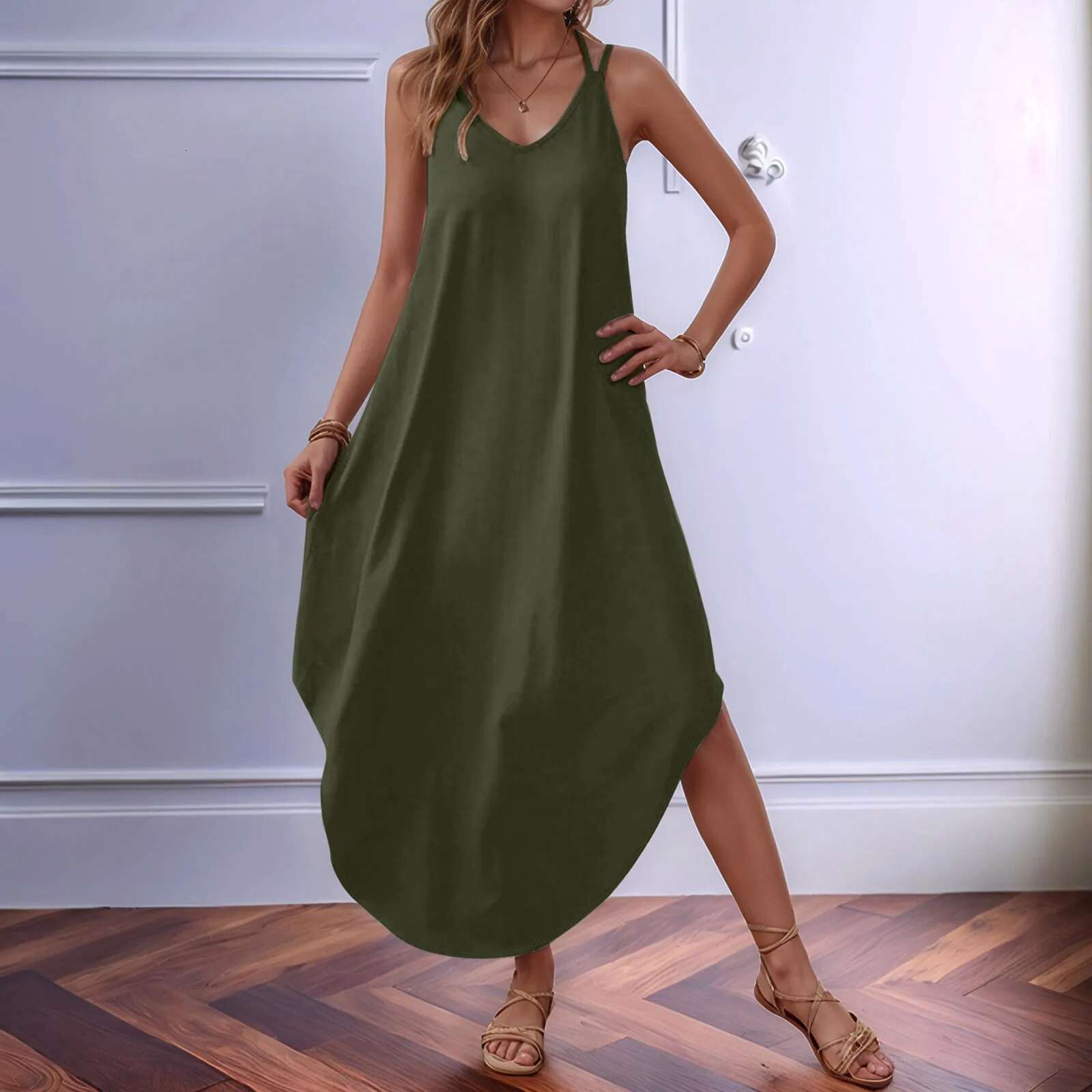 Dongdumaoyi Women S Long Dresses Solid Color Semi Circular Hem Skirt Fashionable Loose Strap Dress Casual Beach Style