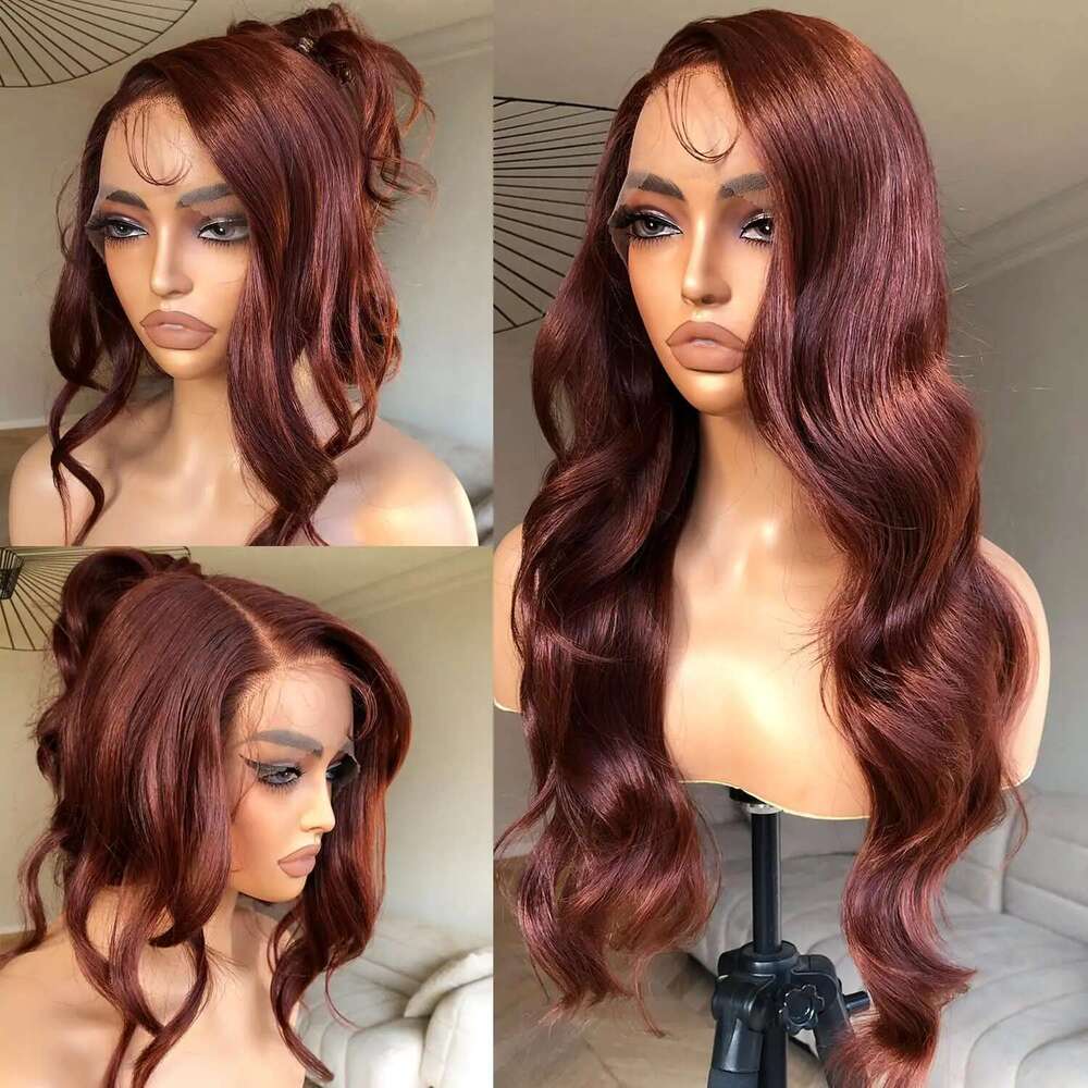 13X6 Reddish Brown Women's Wigs Synthetic Front Red Body Wave Lace Frontal Glueless Pre Plucked With Baby Hair Wig