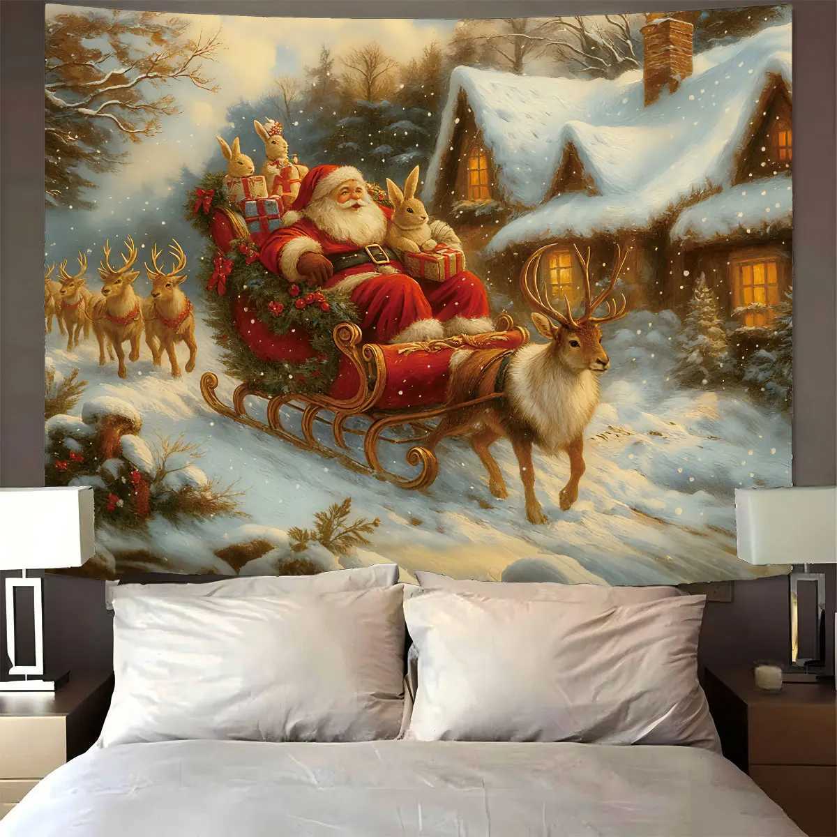 1pc Merry Christmas Santa Claus sled print tapestry living room wall decoration multi size background cloth machine washableM251125
