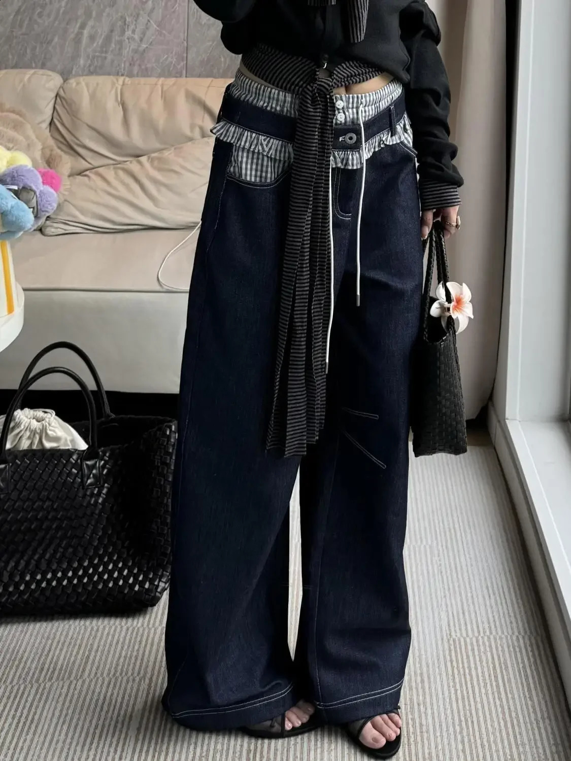 American retro washed plain waist black fungus edge patchwork jeans suitable for womens high street loose straight leg pants 250422