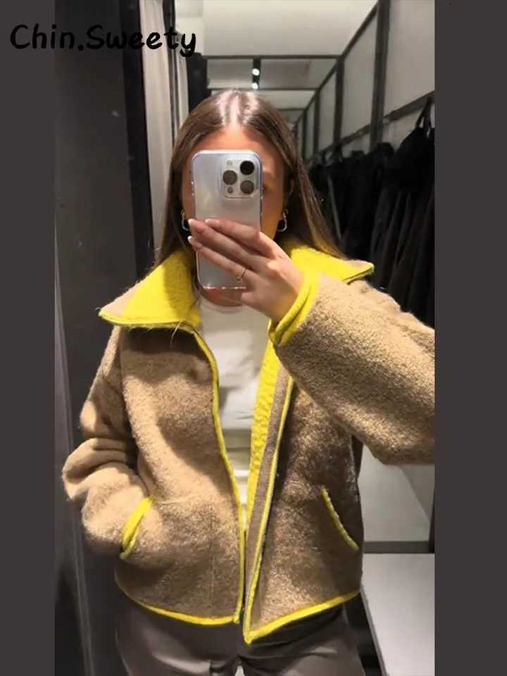 Casual Womens Contrast Color Knitted Coats Stand Collar Full Sleeve Zipper Pockets Jacket 2025 Autumn Winter Lady Warm OutwearT251125