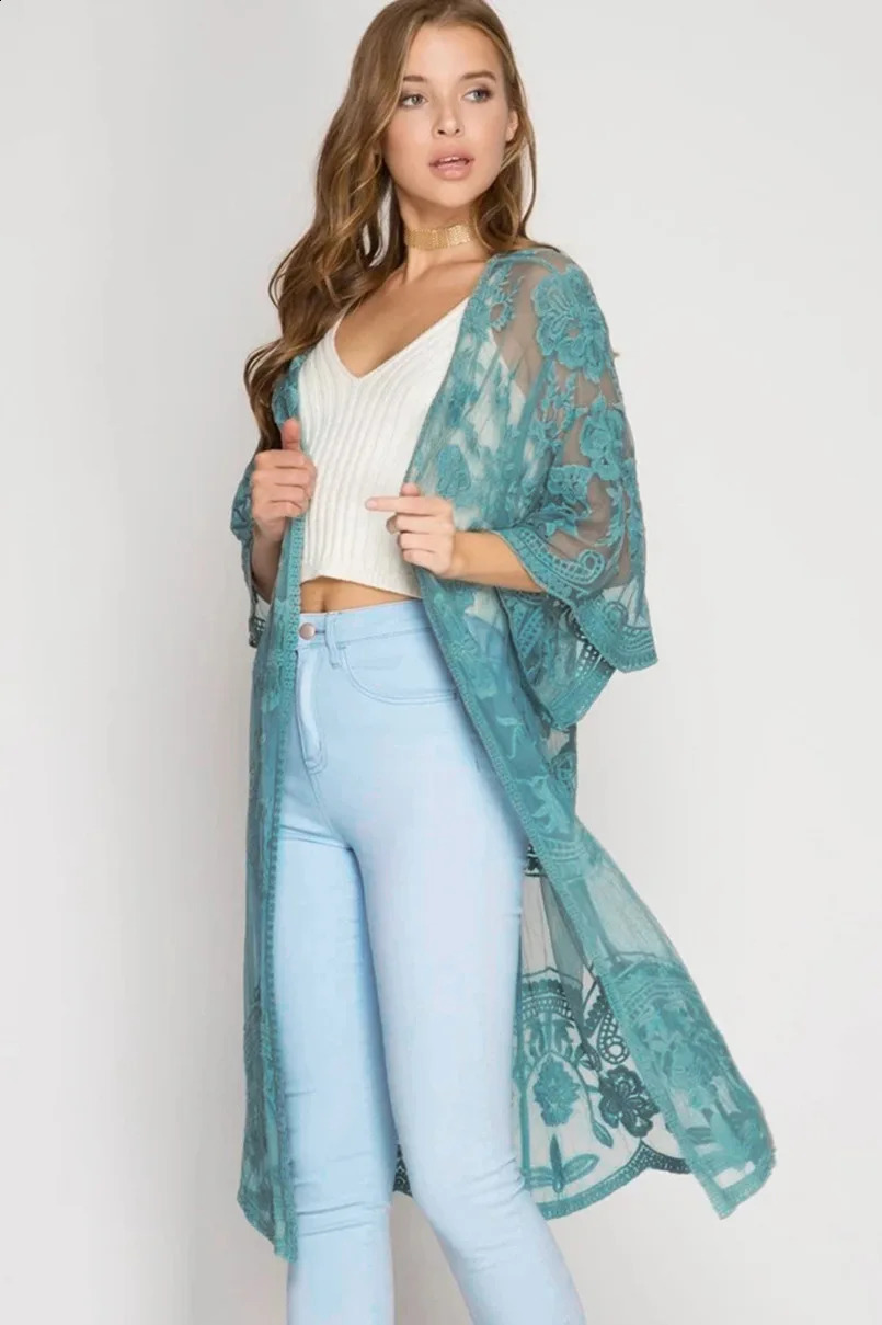 Womens loose swimsuit kimono open collar lace crochet floral top 250422