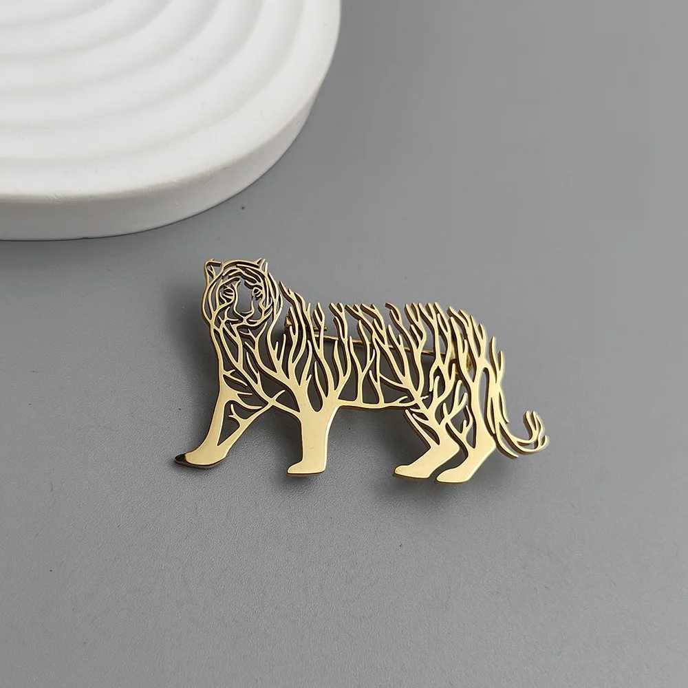 Creative hollow animal tiger life tree stainless steel gold-plated 18K brooch black suit accessories wedding matching set J251125