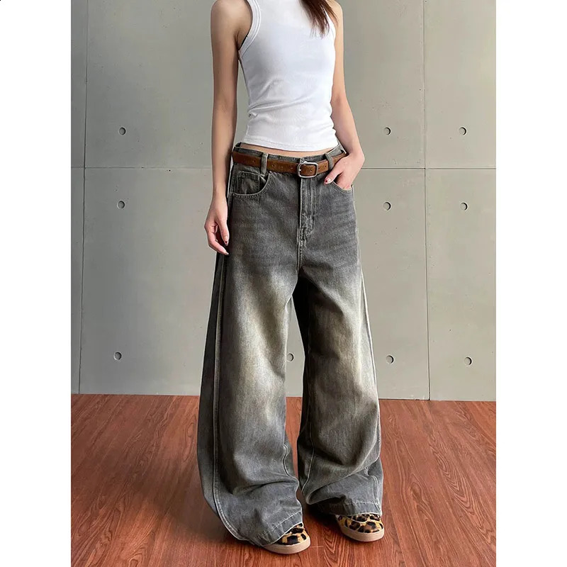 2025 grey womens jeans high waisted retro straight pocket denim pants streetwear Y2K n fashionable wide leg Trouser 250417