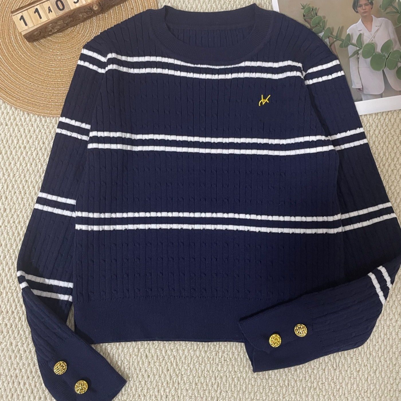 Women o-neck color block logo letter embroidery long sleeve slim waist designer sweater tops SML