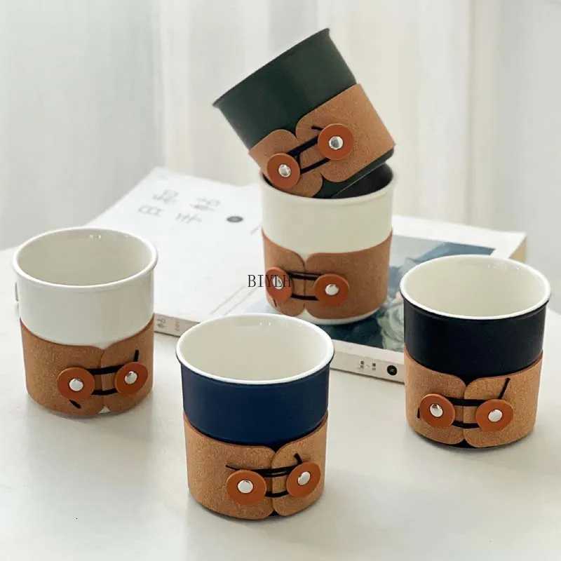 240ml Mugs Ceramic Coffee Cup Mini Accompanying Cup Creative Leather Case Design retro Water Cup Simple Home Decoration Teacup Y251125