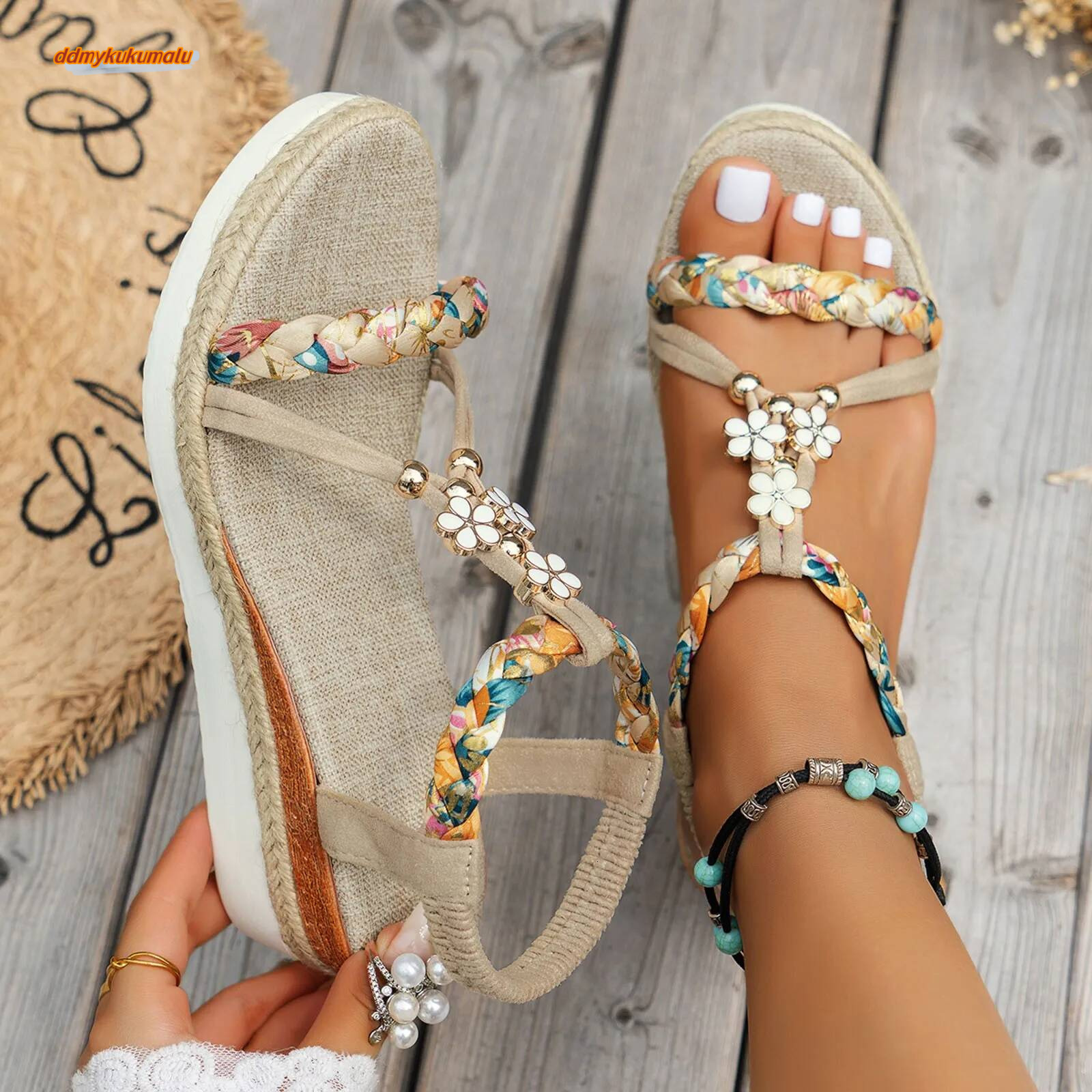 Women'S New Summer Classic Wedge Thick Sole Elevated Elastic Strap Open Toe Hollow Clear Heel Sandals For Beach Vacation ddmykukumalu