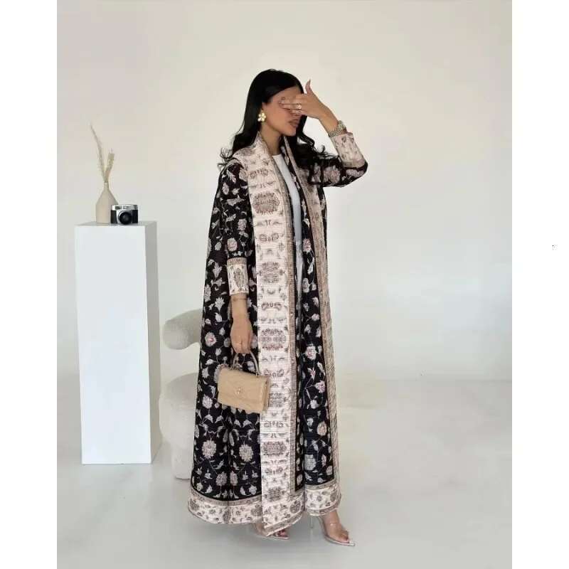 KAF Women Fashion Abaya Vintage Printed Cardigan Design Loose Large Size Elegant Female Robe Spring Autumn Model