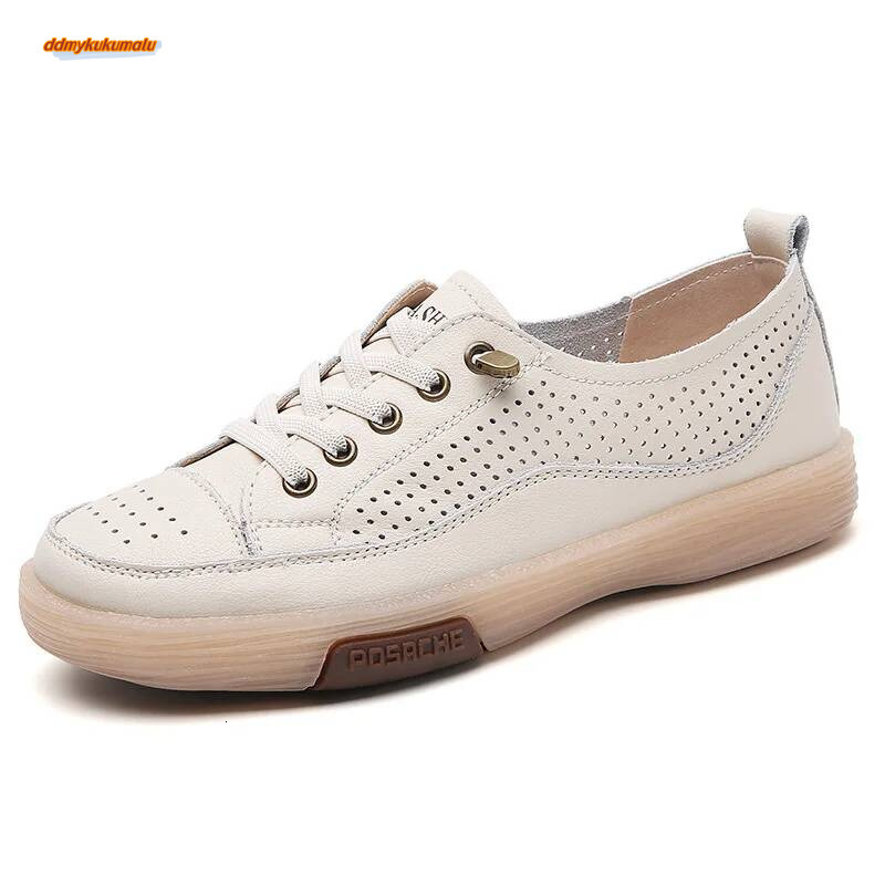 Women Flat Summer Breathable Cutout Casual Ladies Soft Bottom Genuine Leather Flats White Shoes Woman ddmykukumalu