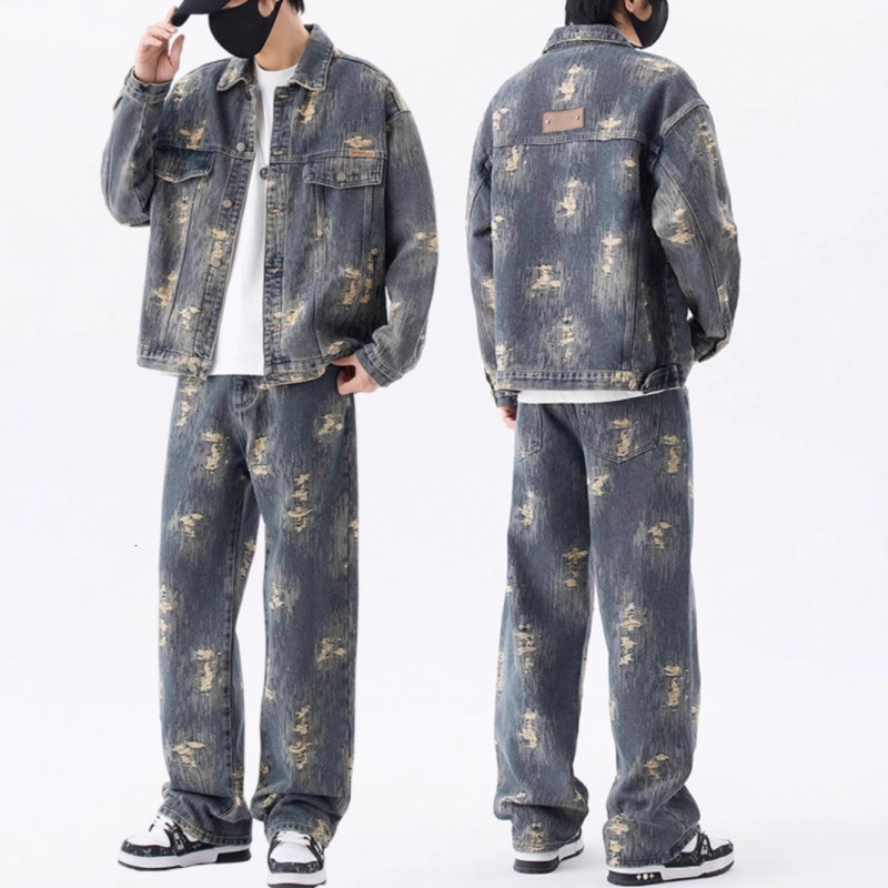 American Style Trendy Jacquard Denim Jacket for Men Spring and Autumn New High Street Stylish Loose Straight Jeans Set 250902