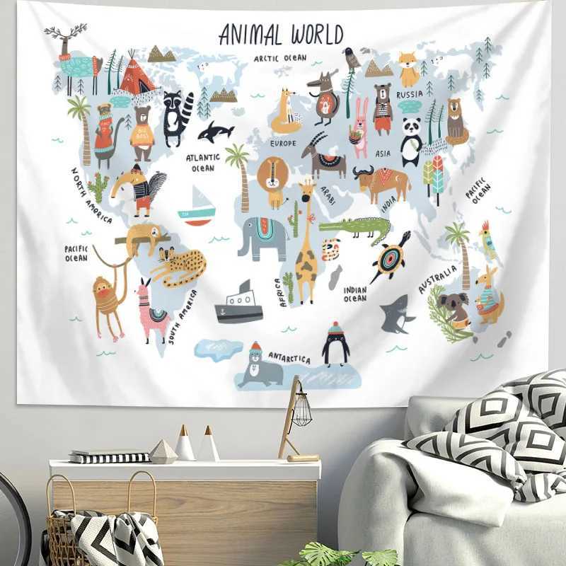 VIKAMA Ins Scandinavian World Terrain Tapestry Childrens Room Wall Decoration Cartoon Animal Map Bedside Background TapestryM251125