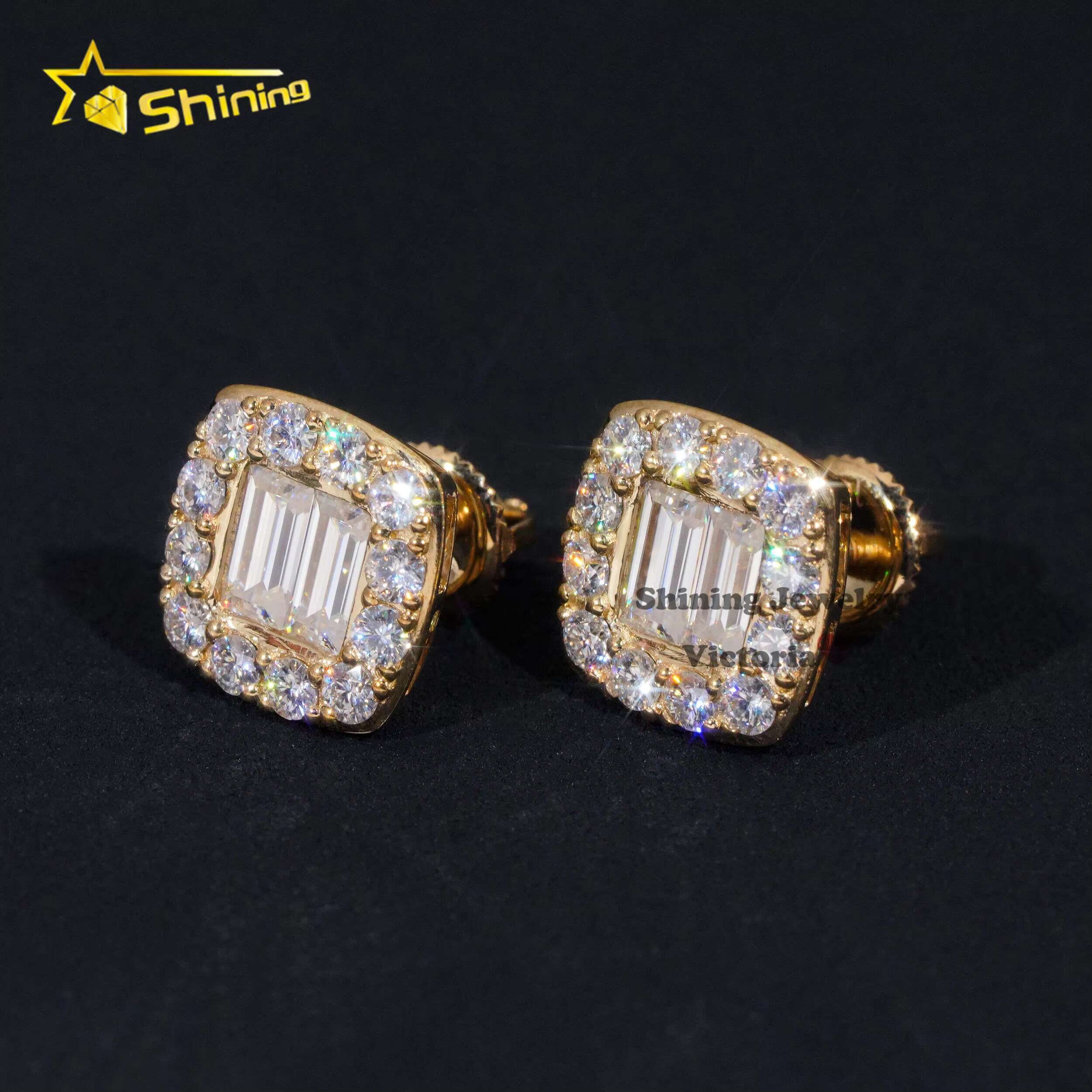 Luxury Baguette Lab Grown Diamond Earrings Iced Out Jewelry 10K 14K 18K Soild Gold Hip Hop Moissanite Stud Earrings