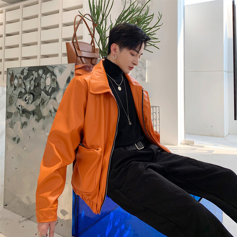 Mauroicardi Spring Autumn Cool Oversized Short Black Orange Soft Faux Leather Jacket Men Zipper er Clothes Fashion 250823