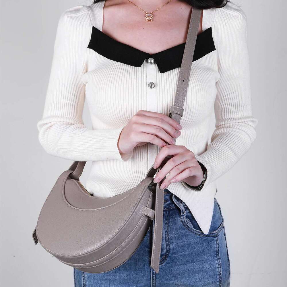 Brand Hand Bags Women's Litchi Pattern Crescent Genuine Leather Underarm Saddle Adjustable Strap Shoulder Bag