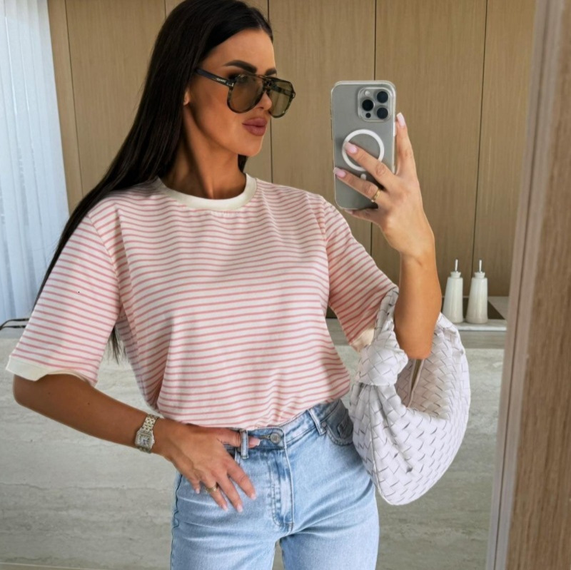 2025 Summer Casual Striped Round Neck Loose Color blocked Short Sleeve Womens T-shirt