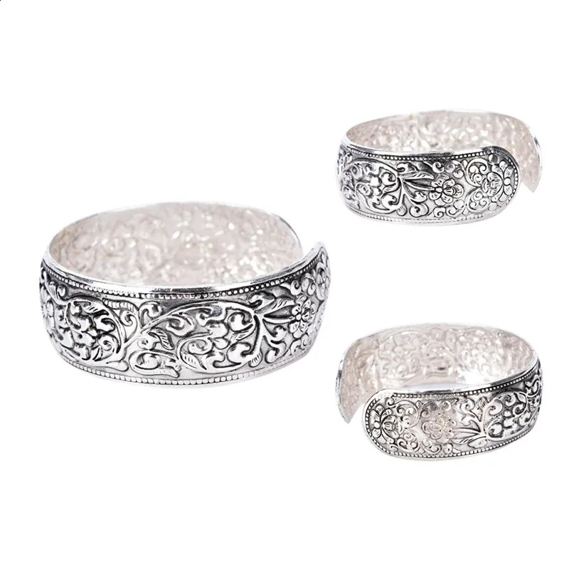 Xizang Silver Totem Bracelet Carved Lucky Flower Cuff 250415