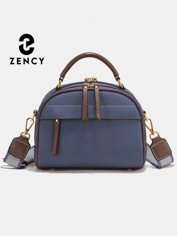 Zency Dark Blue Fashion Genuine Leather Crossbody Shoulder Bagwith Two Long Straps Women Multi-Pockets Handbag For Commuters