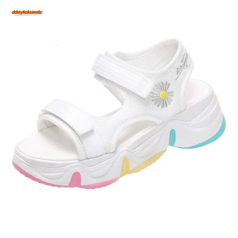 Summer 2022 Rubber Flat Bottom Sandals round Toe Magic Tape Slip-On Small Fragrance Style Ladies Casual Shoes ddmykukumalu
