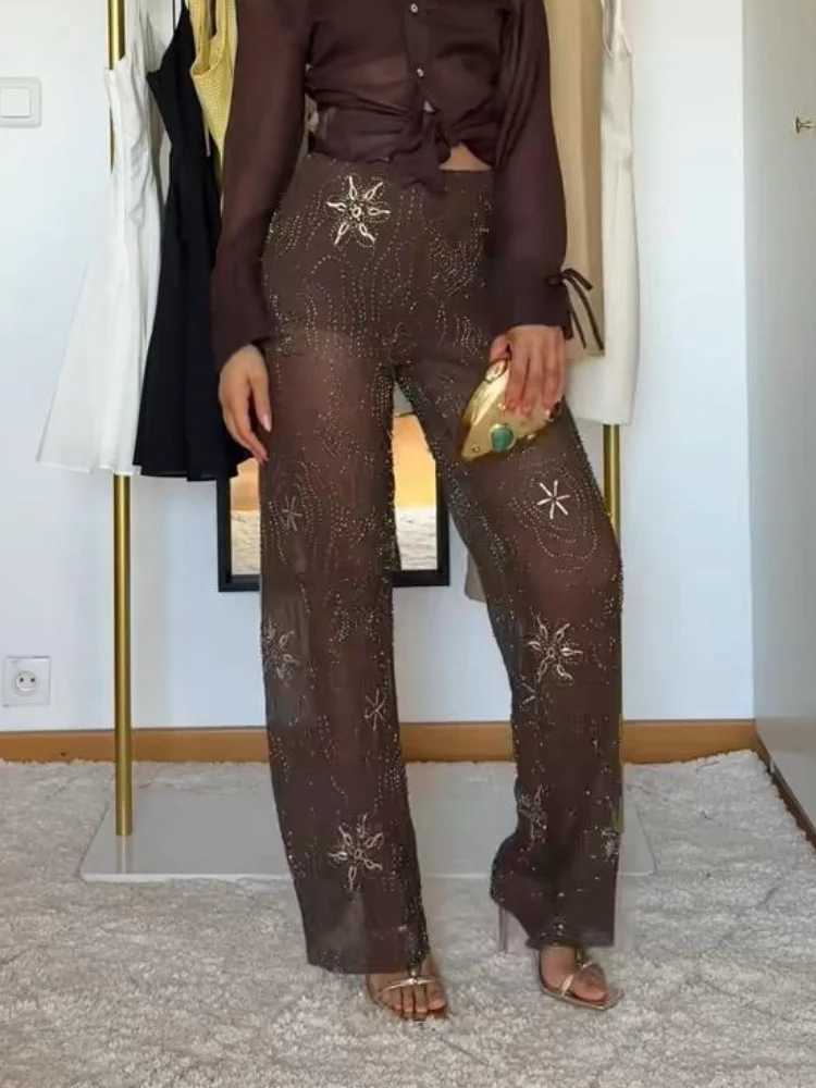 Sparkling beads diamonds snowflake pants womens embroidery straight party evening see through Trouser summer party womens pantsC250425