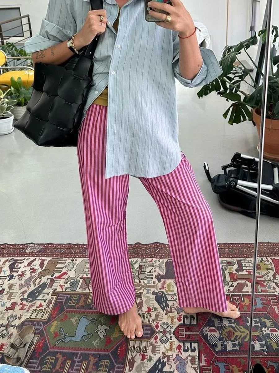 Combhasaki Womens Y2K Retro Casual Stripes/Solid Pants Button Elastic High Waist Aesthetic Loose Straight PantsC250425